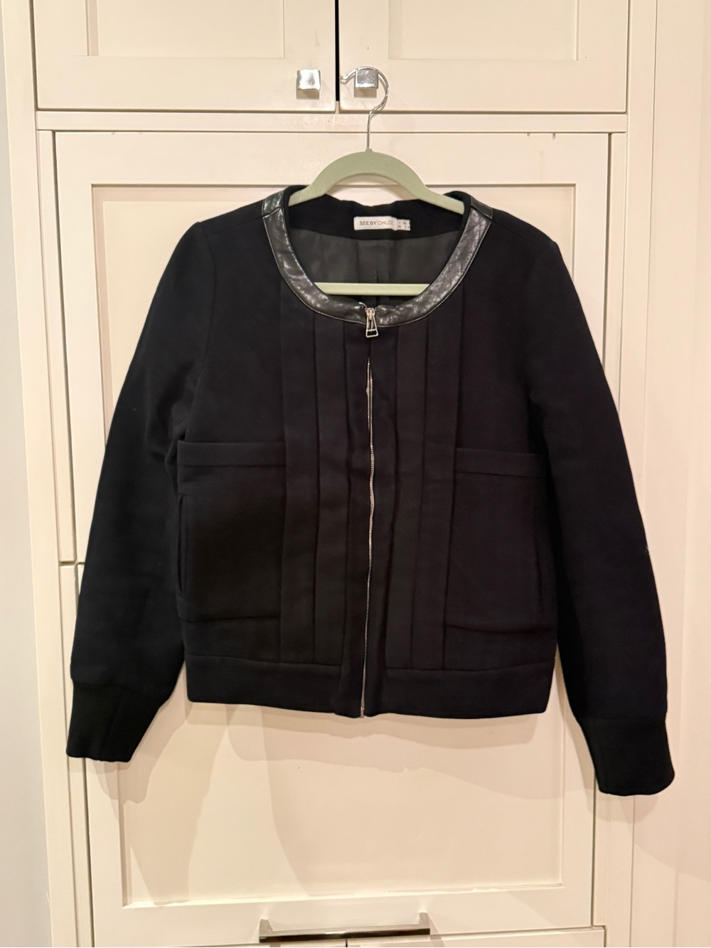 See by Chloè Crew-Neck Black Zip Front Women's Jacket with Leather Trim